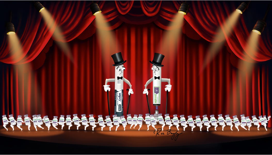 Dancing Wegovy and Zepbound injection pens are upstaged by a long high-kicking row of generic GLP-1 vials. Dancing Wegovy and Zepbound injection pens are upstaged by a long high-kicking row of generic GLP-1 vials.