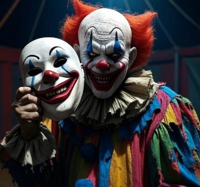 When Evil drops its happy mask and shows its true nature … A psychopathic clown takes off its happy circus mask.