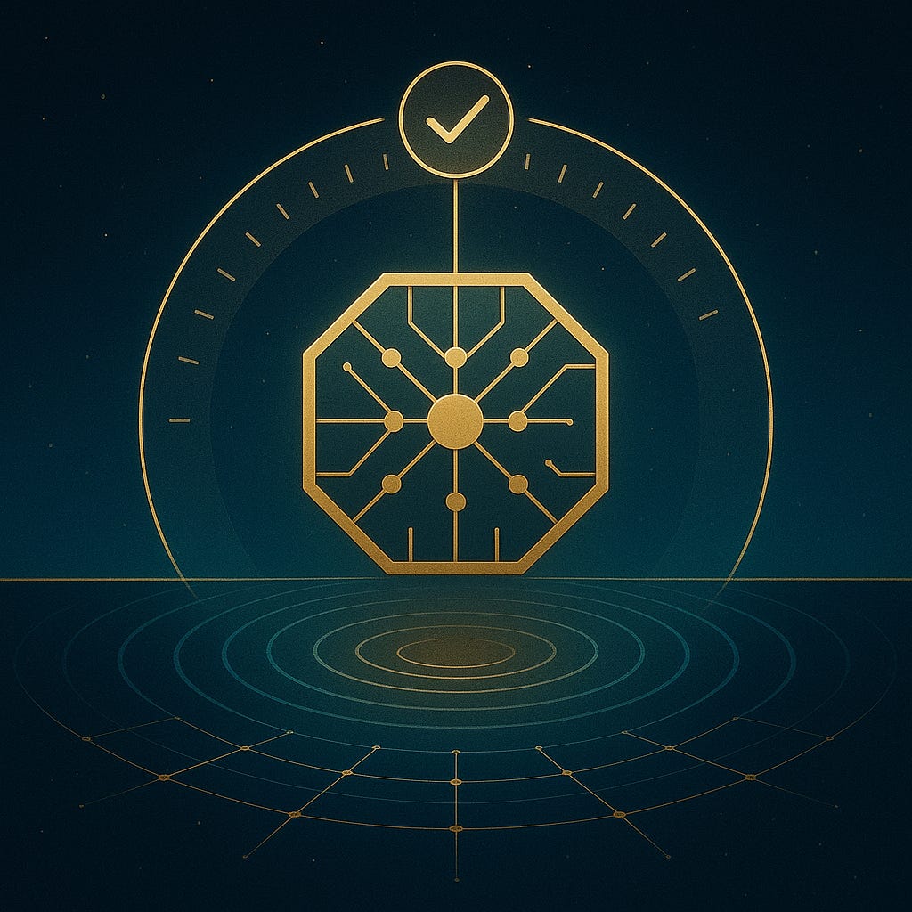 Golden hexagonal chip under a semicircular measuring ring with tick marks and a check symbol; ripples and a thin golden bound plane below.