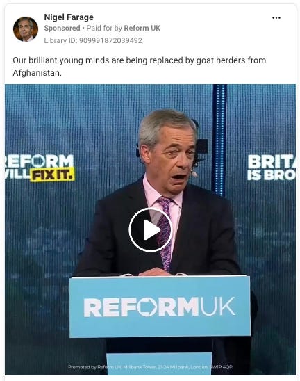 Nigel Farage ad: "Our brilliant young minds are being replaced by goatherders from Afghanistan"