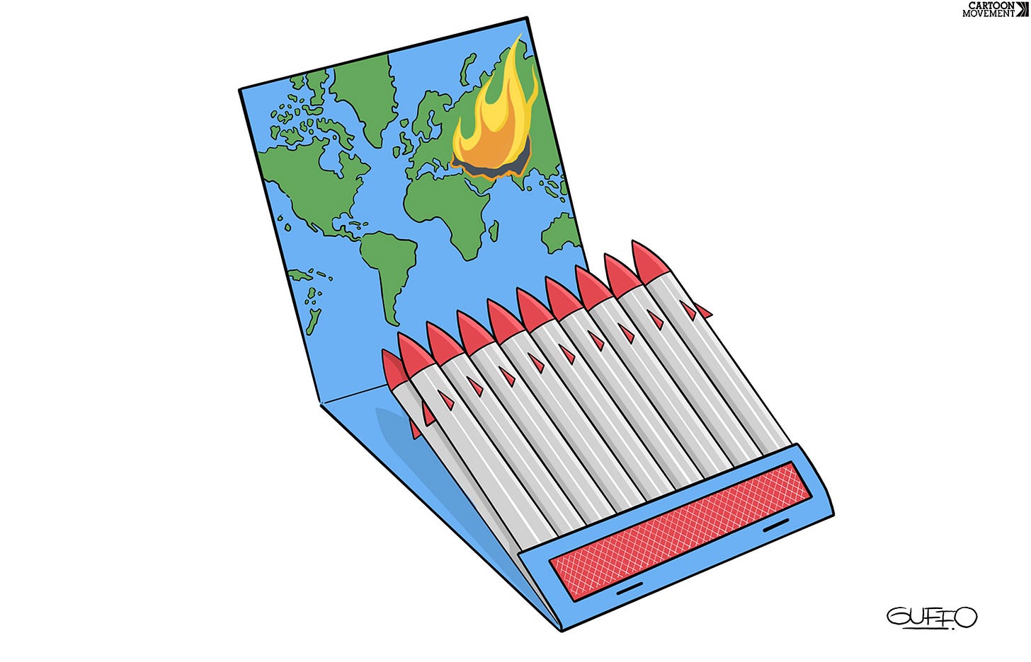 Cartoon showing a flip-open matchbox  The matches are missiles, while the inside of the flag, close to the missiles, shows a map of the world on fire in the Middle East.