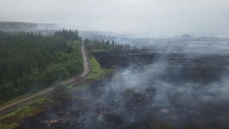 Drone image showing the extent of the damage around the Signal de Botrange, Belgium’s highest point, caused by the wildfire in the High Fens nature reserve in Liège province.