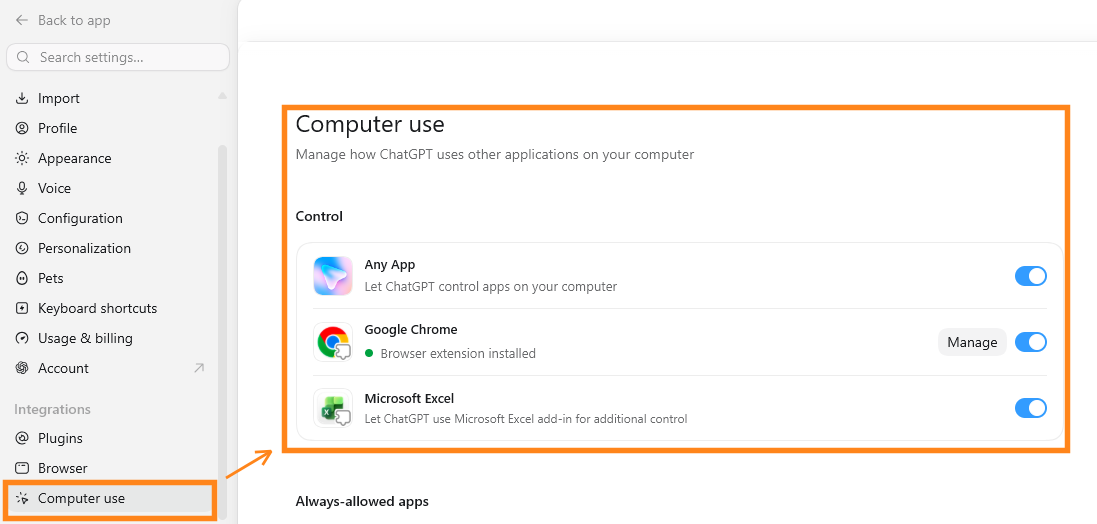 ChatGPT Settings > Integrations > Computer use panel with Any App, Google Chrome, and Microsoft Excel toggles all enabled, highlighted in orange ChatGPT Settings > Integrations > Computer use panel with Any App, Google Chrome, and Microsoft Excel toggles all enabled, highlighted in orange