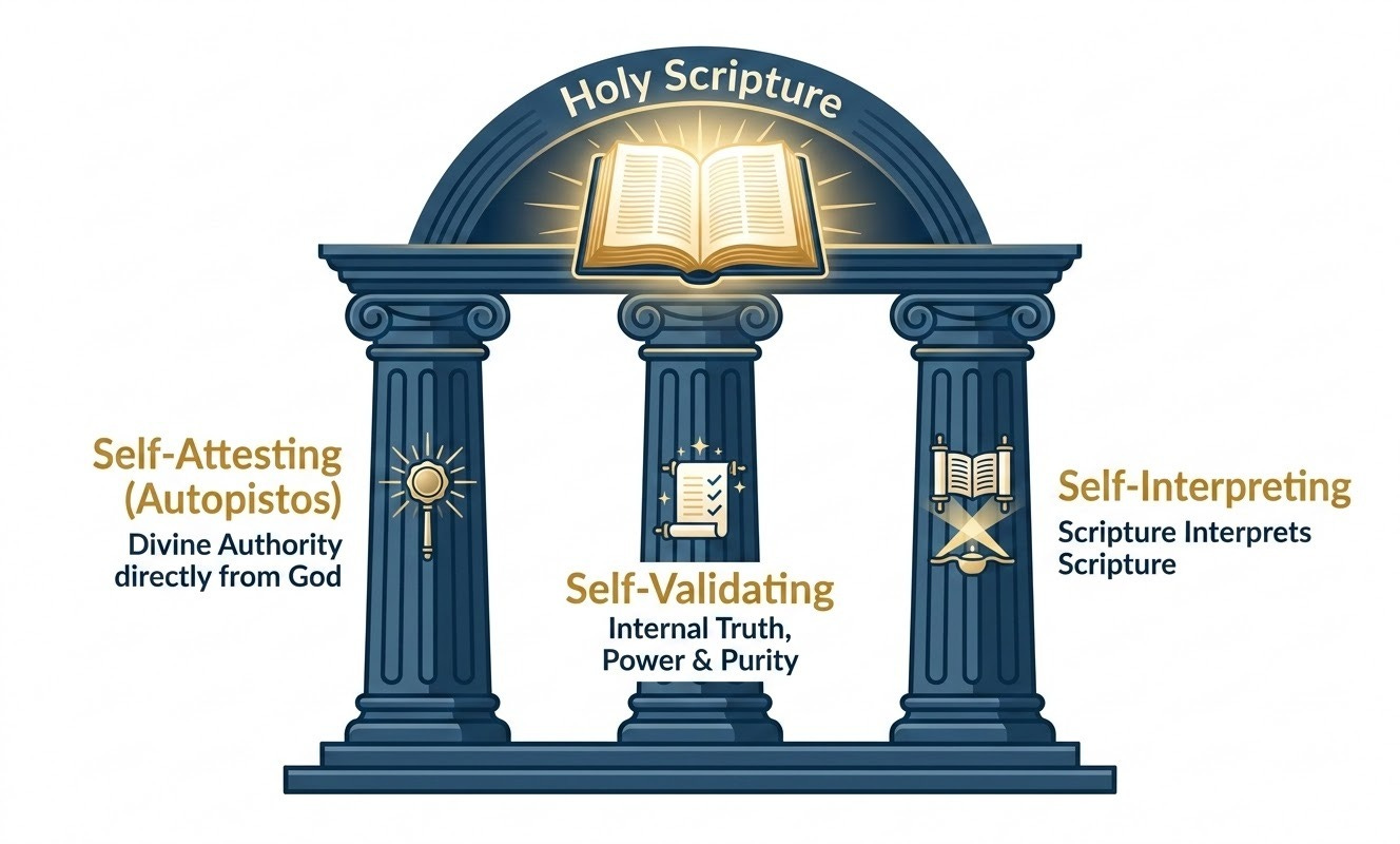A clean, professional diagram illustrating the three central biblical principles of Scripture as three majestic architectural pillars supporting an open, glowing Bible or Holy Scripture header. Pillar 1 is labeled 'Self-Attesting (Autopistos)' with a subtitle 'Divine Authority directly from God'. Pillar 2 is labeled 'Self-Validating' with a subtitle 'Internal Truth, Power & Purity'. Pillar 3 is labeled 'Self-Interpreting' with a subtitle 'Scripture Interprets Scripture'. The design uses an elegant, modern aesthetic with clear typography, warm golden and deep blue tones, and subtle icons representing authority, validation, and light. A clean, professional diagram illustrating the three central biblical principles of Scripture as three majestic architectural pillars supporting an open, glowing Bible or Holy Scripture header. Pillar 1 is labeled 'Self-Attesting (Autopistos)' with a subtitle 'Divine Authority directly from God'. Pillar 2 is labeled 'Self-Validating' with a subtitle 'Internal Truth, Power & Purity'. Pillar 3 is labeled 'Self-Interpreting' with a subtitle 'Scripture Interprets Scripture'. The design uses an elegant, modern aesthetic with clear typography, warm golden and deep blue tones, and subtle icons representing authority, validation, and light.