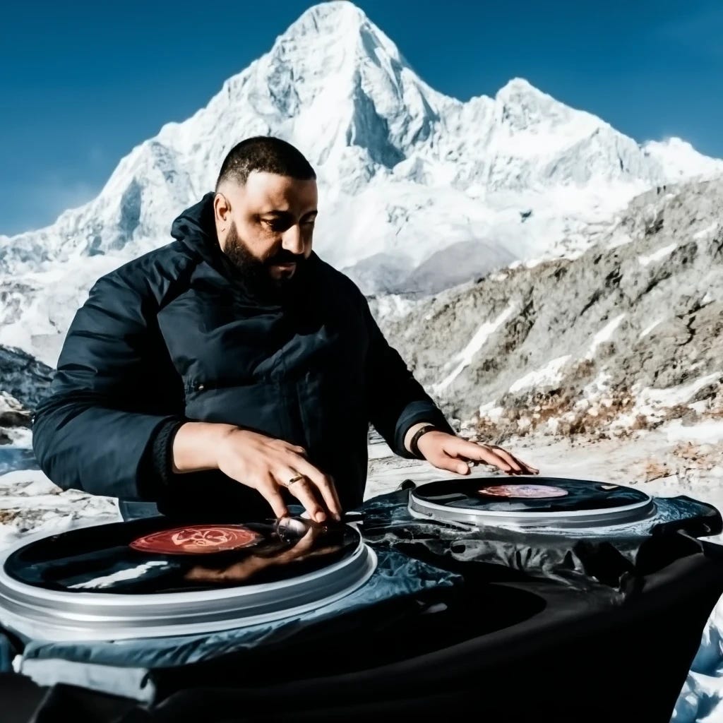 DJ Khaled spinning turntables at Everest base camp