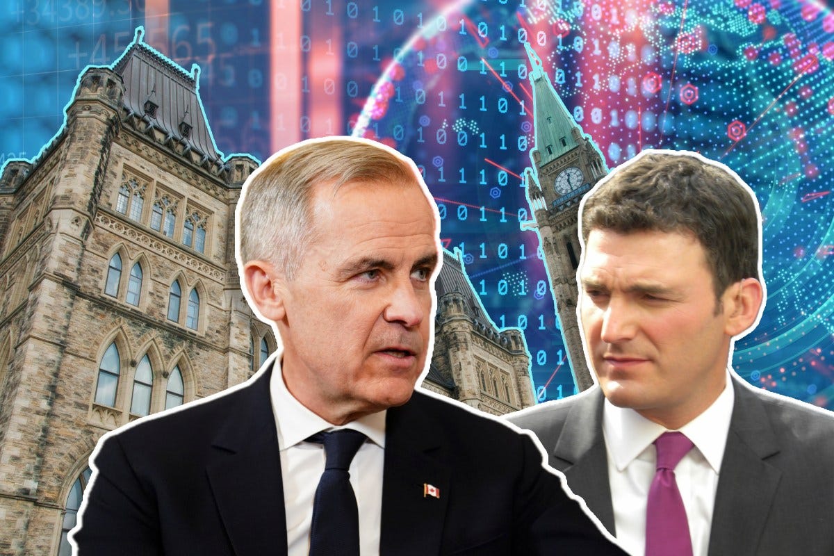 A collage. Two white men, Prime Minister Mark Carney, and Evan Solomon, superimposed over a photo of the Parliament Building, and filling the sky is an image of AI bullshit, with bright ones and zeros and a map of the world in dots of light. A collage. Two white men, Prime Minister Mark Carney, and Evan Solomon, superimposed over a photo of the Parliament Building, and filling the sky is an image of AI bullshit, with bright ones and zeros and a map of the world in dots of light.