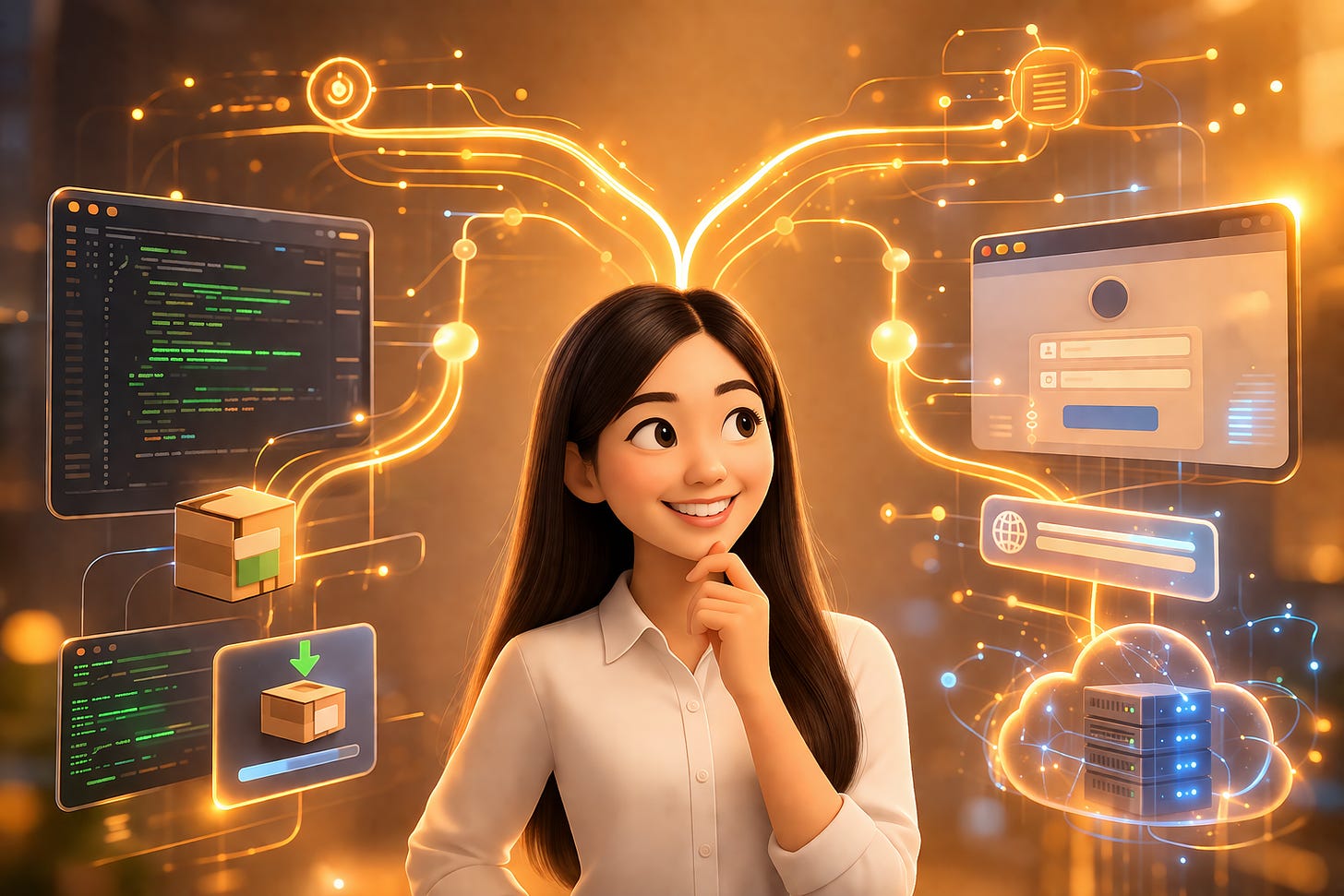 Pixar-style 3D illustration of Jenny Ouyang from Build to Launch at a coding desk, hands raised toward three glowing floating panels representing the three MCP server patterns — a terminal panel for stdio, a web endpoint card for HTTP, and an OAuth login form — representing how to build an MCP server