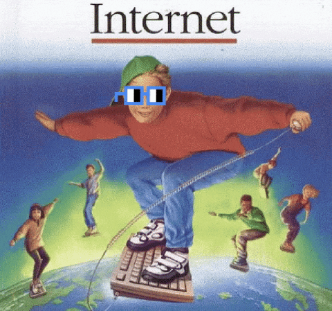 imagem em que crianças brancas em estilo ilustrativo dos anos 90, meio realista, flutuam em itens de computador - surfandousando o teclado como prancha - , em um universo. por ser um gif, elas se mexem levemente, e a criança mais próxima da nossa visão tem um óculos vermelho em formato cartoon