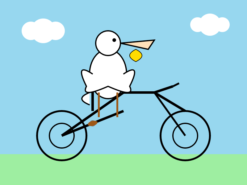 Described by Grok 4 Fast: A simple line drawing of a white pelican with a yellow beak holding a yellow object, riding a black bicycle on green grass under a blue sky with white clouds. Described by Grok 4 Fast: A simple line drawing of a white pelican with a yellow beak holding a yellow object, riding a black bicycle on green grass under a blue sky with white clouds.