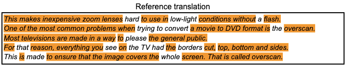 The reference translation with a significant number of sequences of tokens covered.