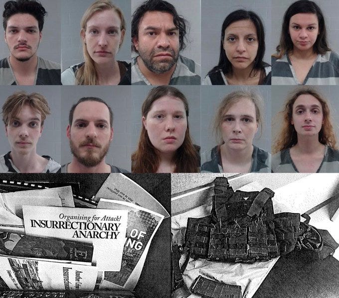 The image is a composite of two sections. The top section shows a grid of twelve mugshots of individuals, presumably members of an Antifa-linked terror cell in Dallas-Fort Worth, charged with attempted murder after attacking an ICE facility. The bottom section displays evidence related to the crime, including military gear, guns, AR-15 style rifles, Kevlar vests, and other tactical equipment. There are also flyers with messages like "Resist Fascism. Fight Oligarchy" and "fight ICE terror with class war," along with Faraday bags used to block wireless signals. The context provided by the post text indicates these individuals were heavily armed and prepared for a sophisticated attack, highlighting the severity of the incident and the political motivations behind it.