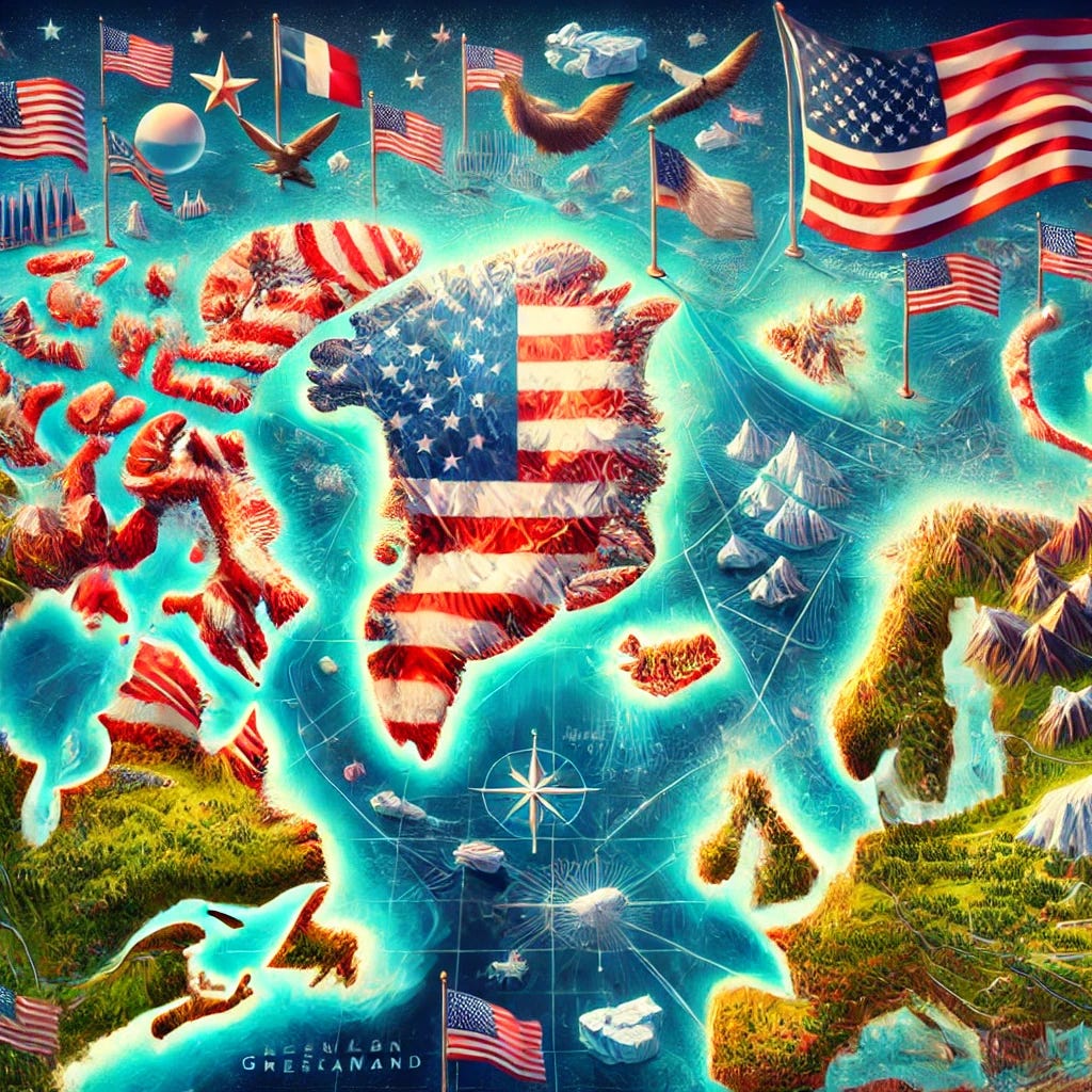 A detailed and artistic map of Greenland as if it were owned by the United States, incorporating American flags and national symbols like the bald eagle and stars. The map features political boundaries highlighting Greenland as a US territory, with lush natural landscapes, icebergs, and vibrant colors showcasing the unique Arctic environment. Artistic and futuristic style, emphasizing diplomacy and global unity.