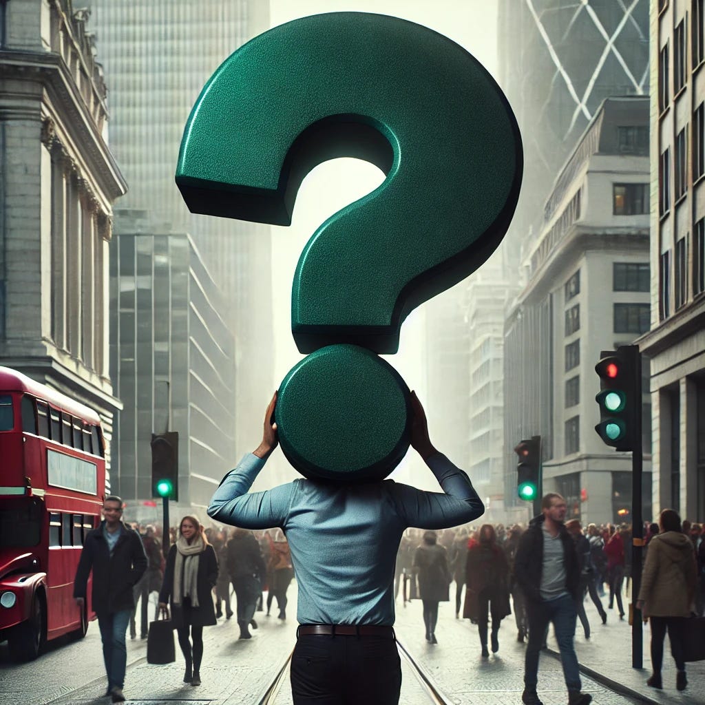 A man carrying a large dark green question mark directly on his back, symbolizing the weight of uncertainty. He is walking through a busy city scene, slightly hunched under the question mark, appearing thoughtful. The bustling city around him is filled with people, buildings, and vehicles, creating a contrast between his personal journey and the energetic environment. The question mark is positioned squarely on his back, as though it is a heavy burden.