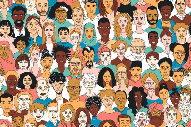 Women's men's children's portraits line drawing doodle poster seamless pattern Young, middle age, senior adult women's men's children's seamless pattern background. Diversity multiracial, multiethnic crowd group people. Hand drawn line drawing doodle vector illustration poster family portrait stock illustrations