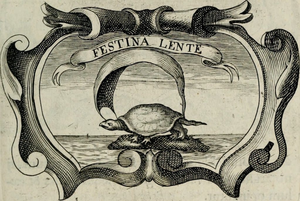 Auto-generated description: A turtle is depicted walking on a scroll with the Latin phrase Festina Lente. Auto-generated description: A turtle is depicted walking on a scroll with the Latin phrase Festina Lente.