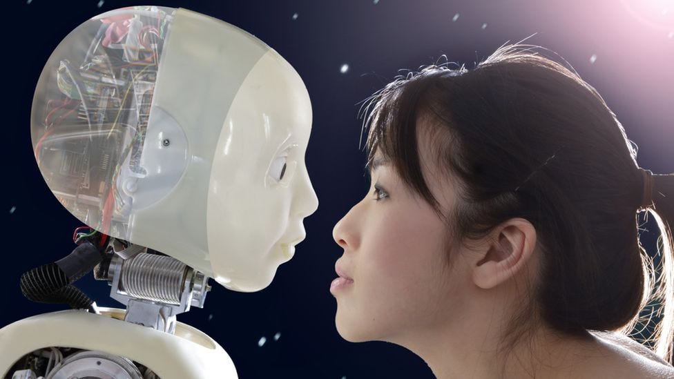 Woman faces robot Woman faces robot