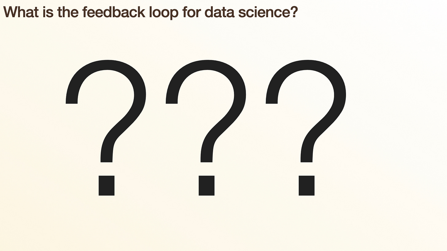 Slide: "What is the feedback loop for data science?" with three large question marks Slide: "What is the feedback loop for data science?" with three large question marks
