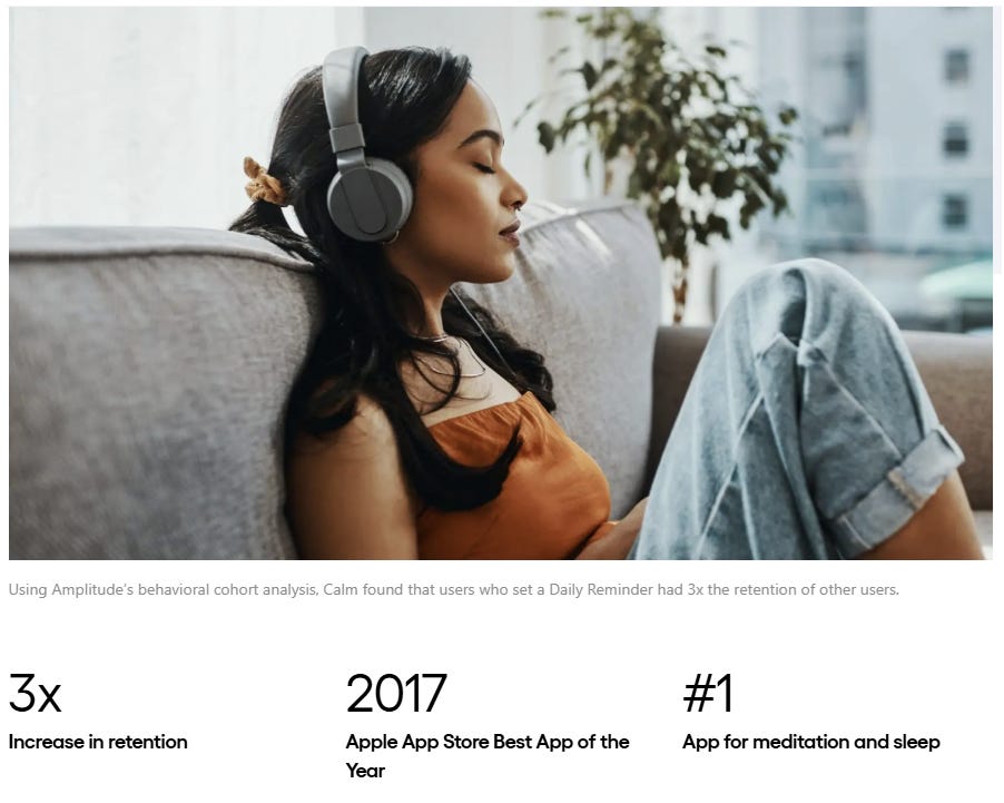 Woman using Calm meditation app with headphones, illustrating retention improvement through daily reminders. Woman using Calm meditation app with headphones, illustrating retention improvement through daily reminders.