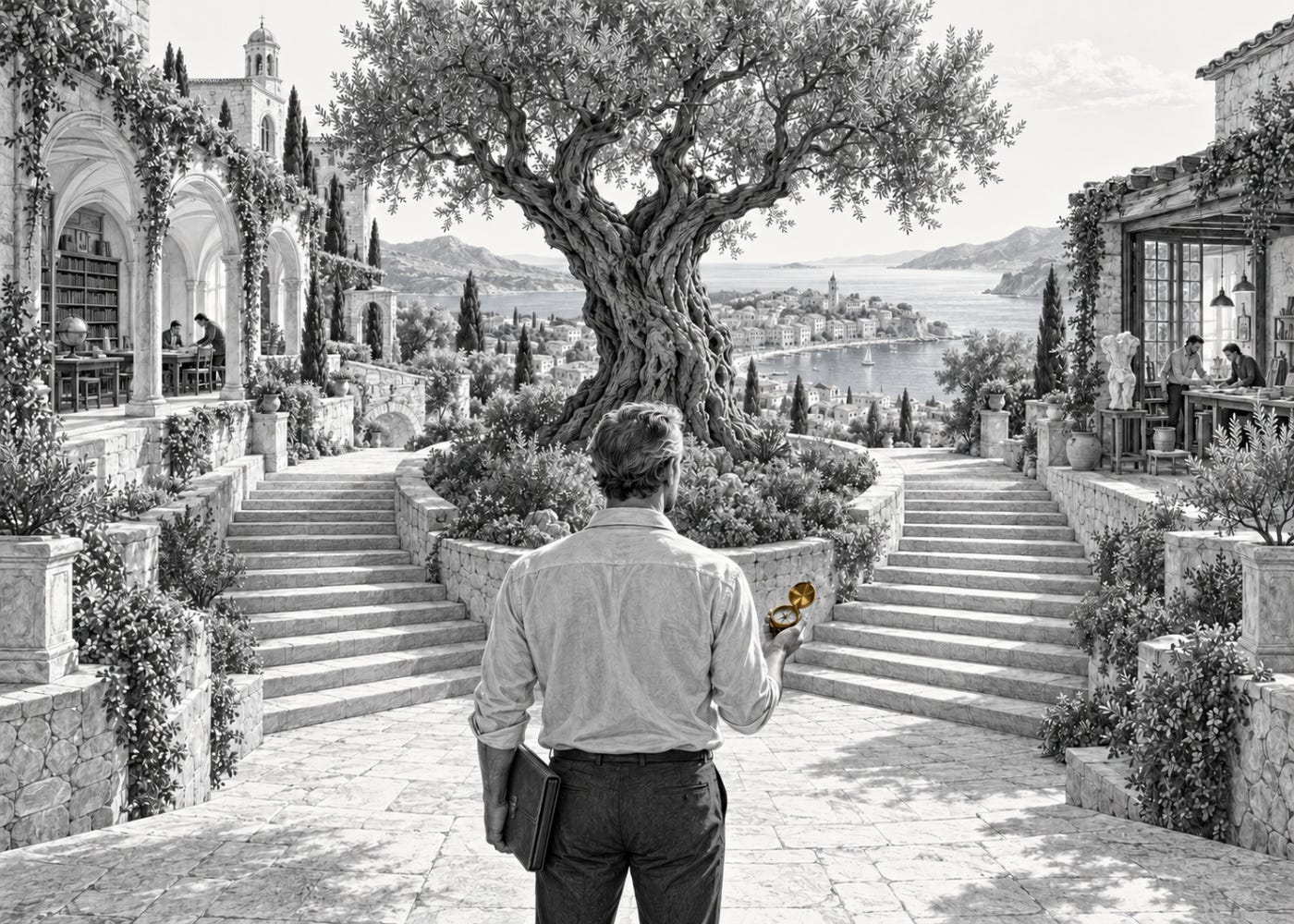 A man holding a gold compass faces two stone stairways around an olive tree, with a study on one side and a shared workroom on the other.