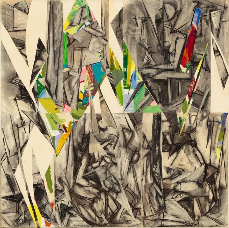 Slivers drawn in black chalk, painted with vibrant green, yellow, and red, or left white are interwoven in this square, abstract composition. The painted areas are too small to make out any objects, and the drawn areas are rounded or angular shapes. The overall impression is that shards from a painting, drawing, or blank canvas have been reassembled like bits of broken mirror. The artist signed and dated the lower center, “Lee Krasner ’76.”