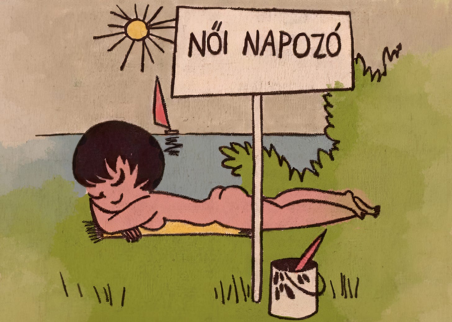 Jucika sunbathes nude by a lake under a sign reading “Női Napozó” (“Women’s sunbathing area”), with a paint can and brush nearby Jucika sunbathes nude by a lake under a sign reading “Női Napozó” (“Women’s sunbathing area”), with a paint can and brush nearby