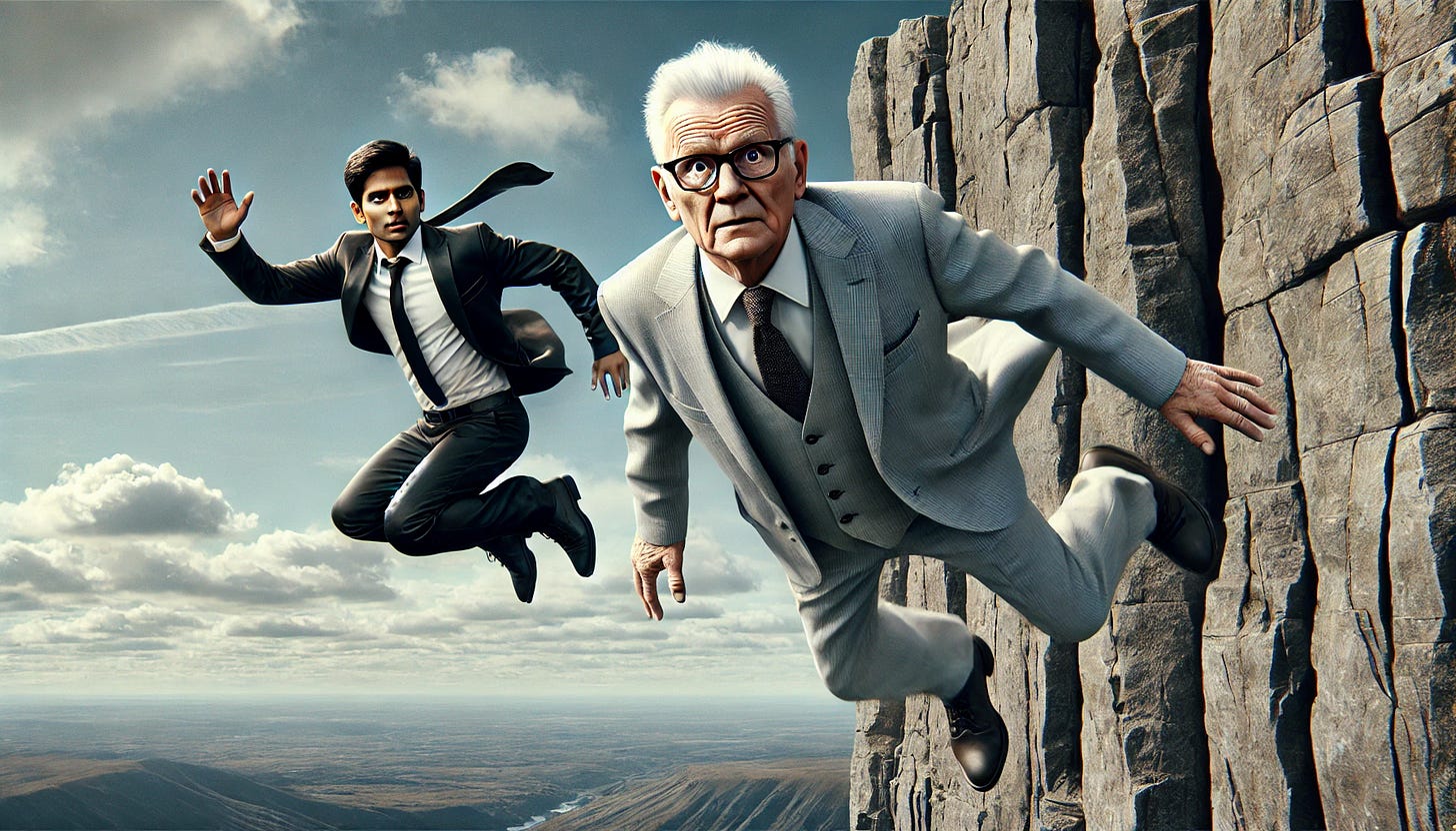 Image of 2 men looking like Starmer and Sunak jumping off a cliff Image of 2 men looking like Starmer and Sunak jumping off a cliff