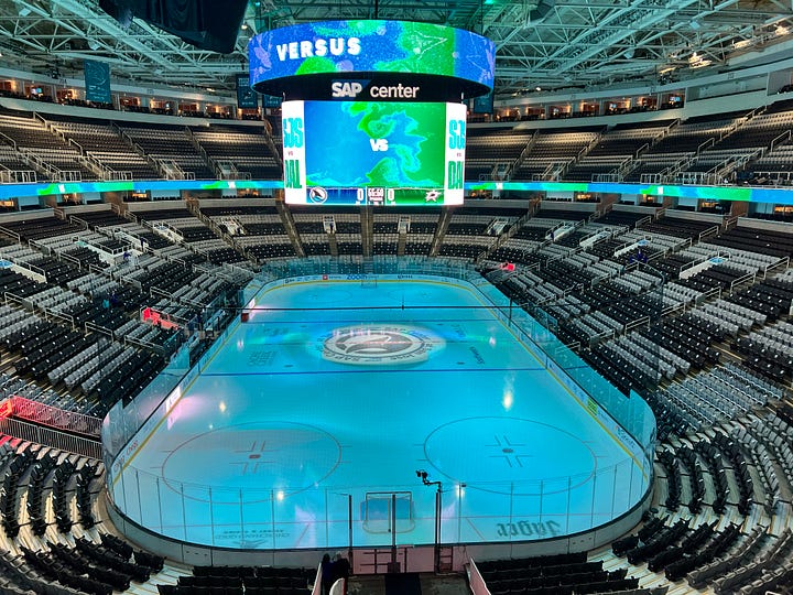 image of hockey rink with teal lighting; image of girl in hockey jersey with mask on her face