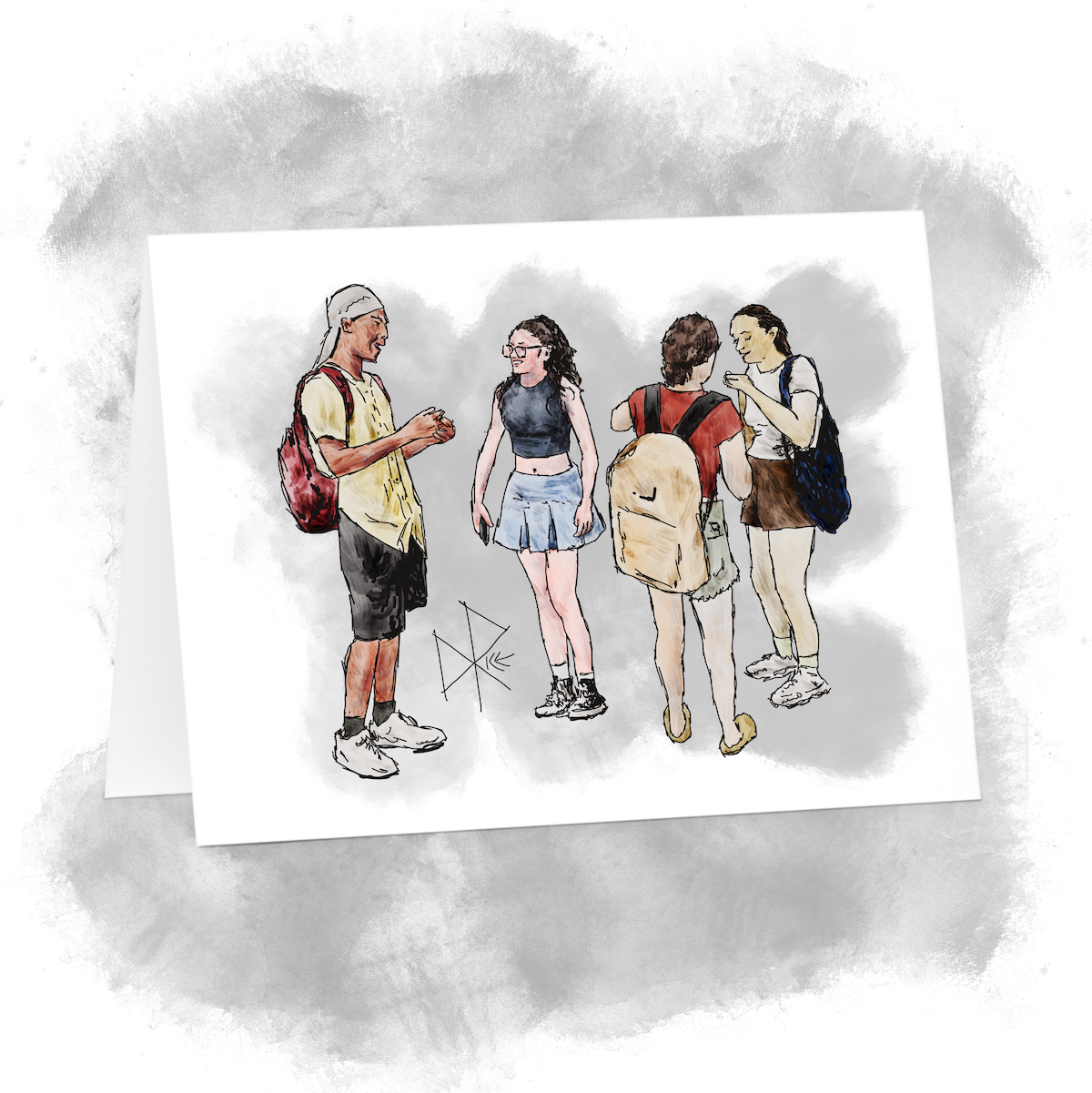 A group of standing people using their hands for emphasis as they animatedly talk with each other. Sketch art by Don Rice.