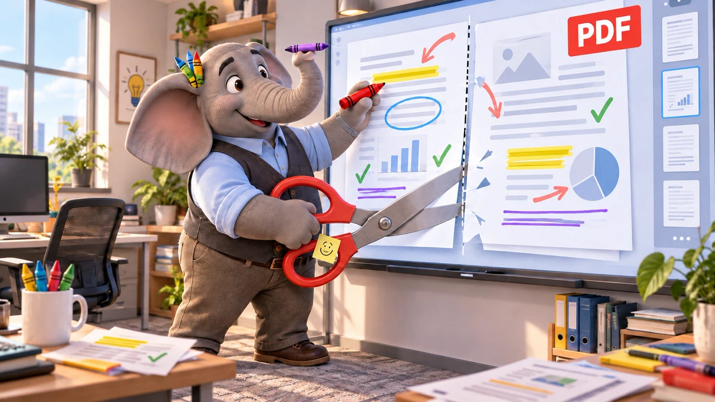 Elephant annotating and splicing a PDF Elephant annotating and splicing a PDF