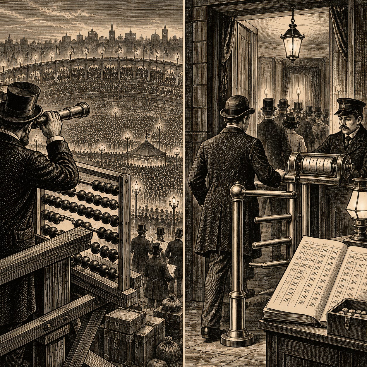 Wood-engraving editorial illustration in the Thomas Nast Harper's Weekly style for Attention Capital's essay The Meter Is the Market, visualizing the inversion at the essay's center. One panel shows the tally official's spyglass view of an uncountable amphitheater crowd above stacked strongboxes of committed money; the other shows a small theater's brass turnstile counting each visitor exactly, beside a ledger of years of entries and a modest cashbox. The image argues Section IV: legacy media holds the most money and the worst telemetry, the creator economy holds the best telemetry and almost none of the credit built on top of it, and each side has what the other needs. Keywords: creator analytics, NFL measurement dispute, audience telemetry, attention as an asset, media finance.