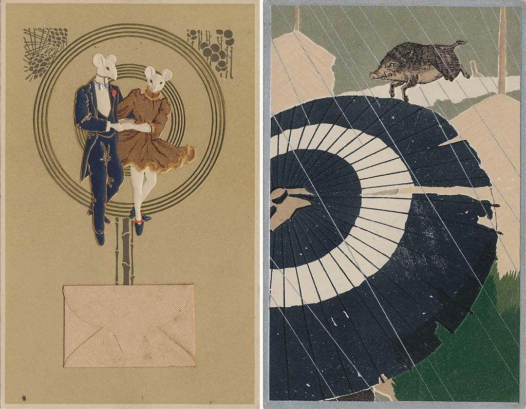 Two Japanese New Year cards from the early 20th century using animals from the Japanese zodiac Two Japanese New Year cards from the early 20th century using animals from the Japanese zodiac