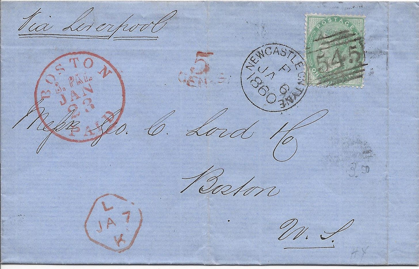 1860 folded letter from the UK to the US