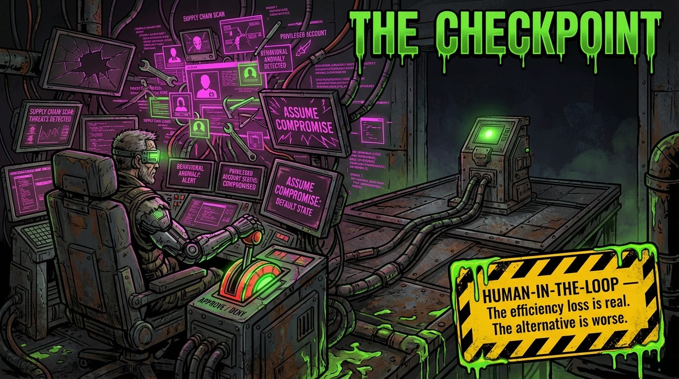 AI agent security requires privileged account treatment, supply chain scanning, human-in-the-loop approvals, behavioral monitoring, and assume-breach posture