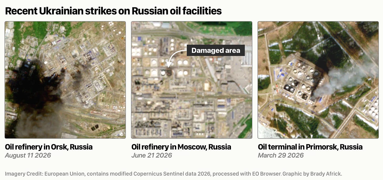 Recent Ukrainian strikes on Russian oil facilities. Imagery credit: European Union, contains modified Copernicus Sentinel data 2026.