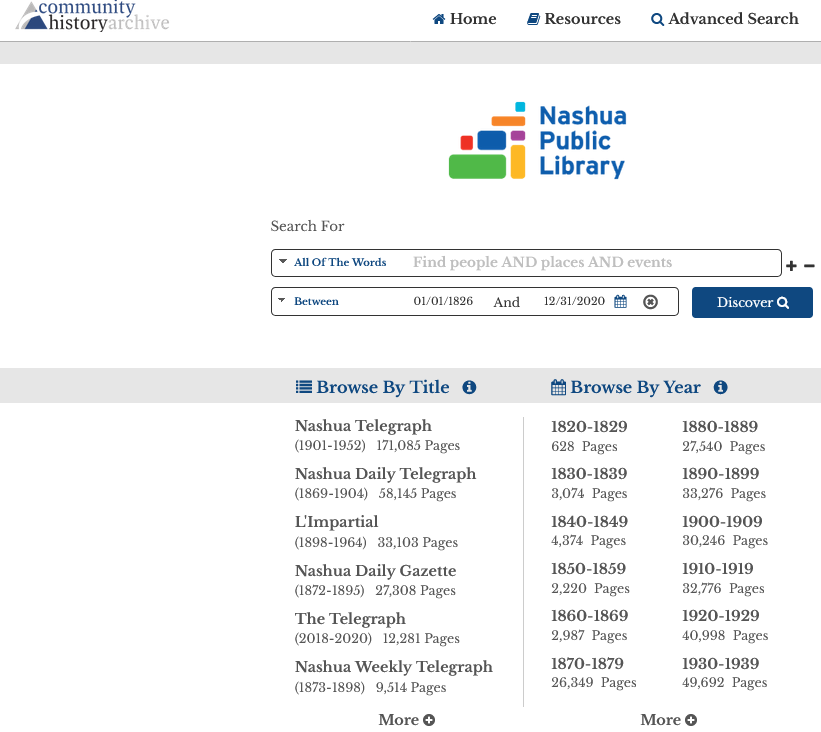 Screenshot showing what historic newspapers are available at the Nashua, New Hampshire, public library. Screenshot showing what historic newspapers are available at the Nashua, New Hampshire, public library.