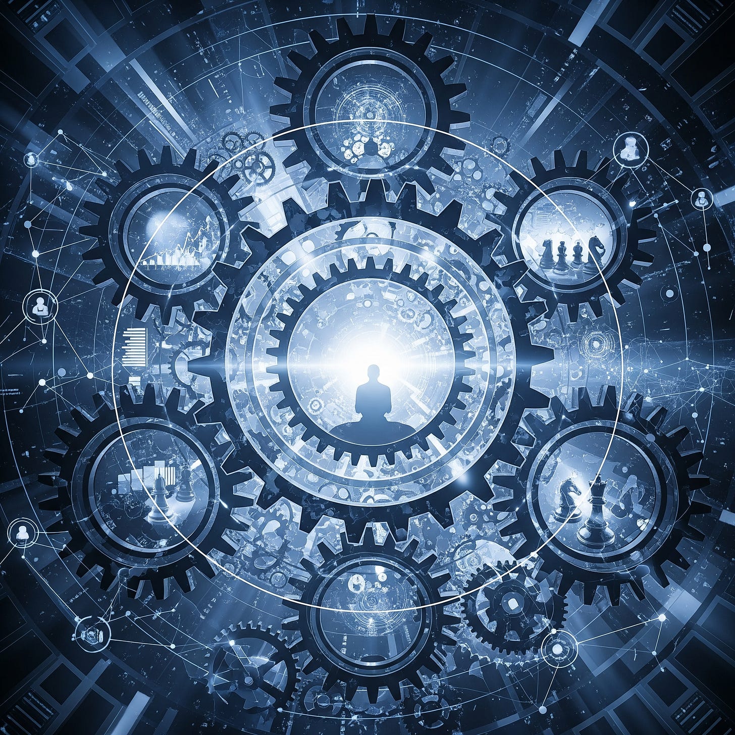 An abstract image showing interconnected gears and glowing networks, with a central meditating figure and subtle icons representing self-mastery, business strategy (chess pieces, charts), and relationships (connected people icons), all symbolizing the comprehensive nature of second-order thinking for executive leadership.