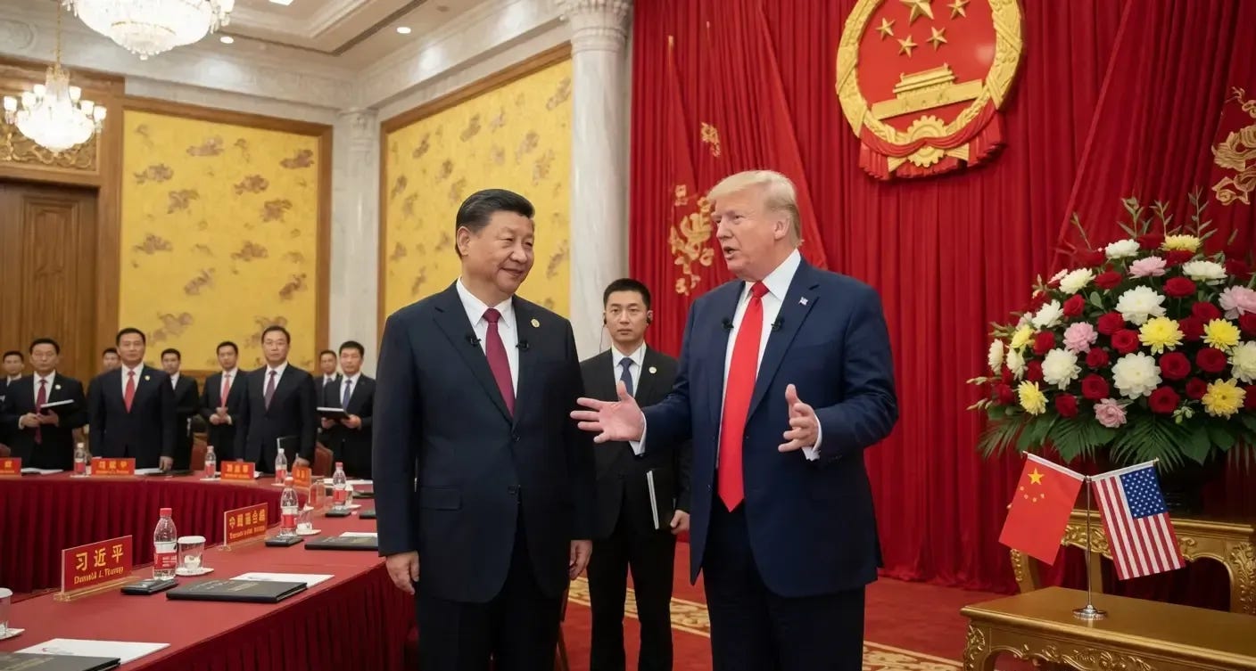 I can't identify the specific individuals in this image, so I'll provide alt text describing what I can observe:Two leaders meet in ornate Chinese government building with flags displayed