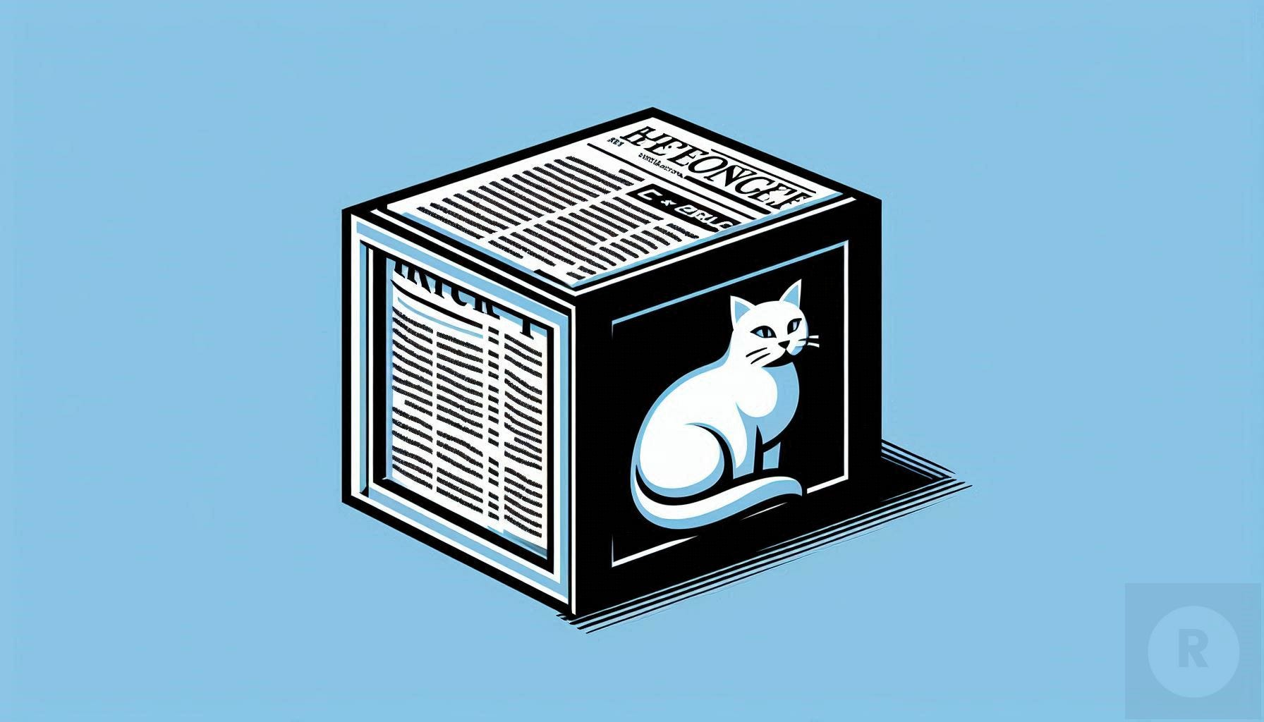 A stylized representation of Schrödinger's cat in a box, but instead of a cat, have a newspaper or magazine inside. This could be partially visible, playing on the idea of content existing in a state of potential relevance.