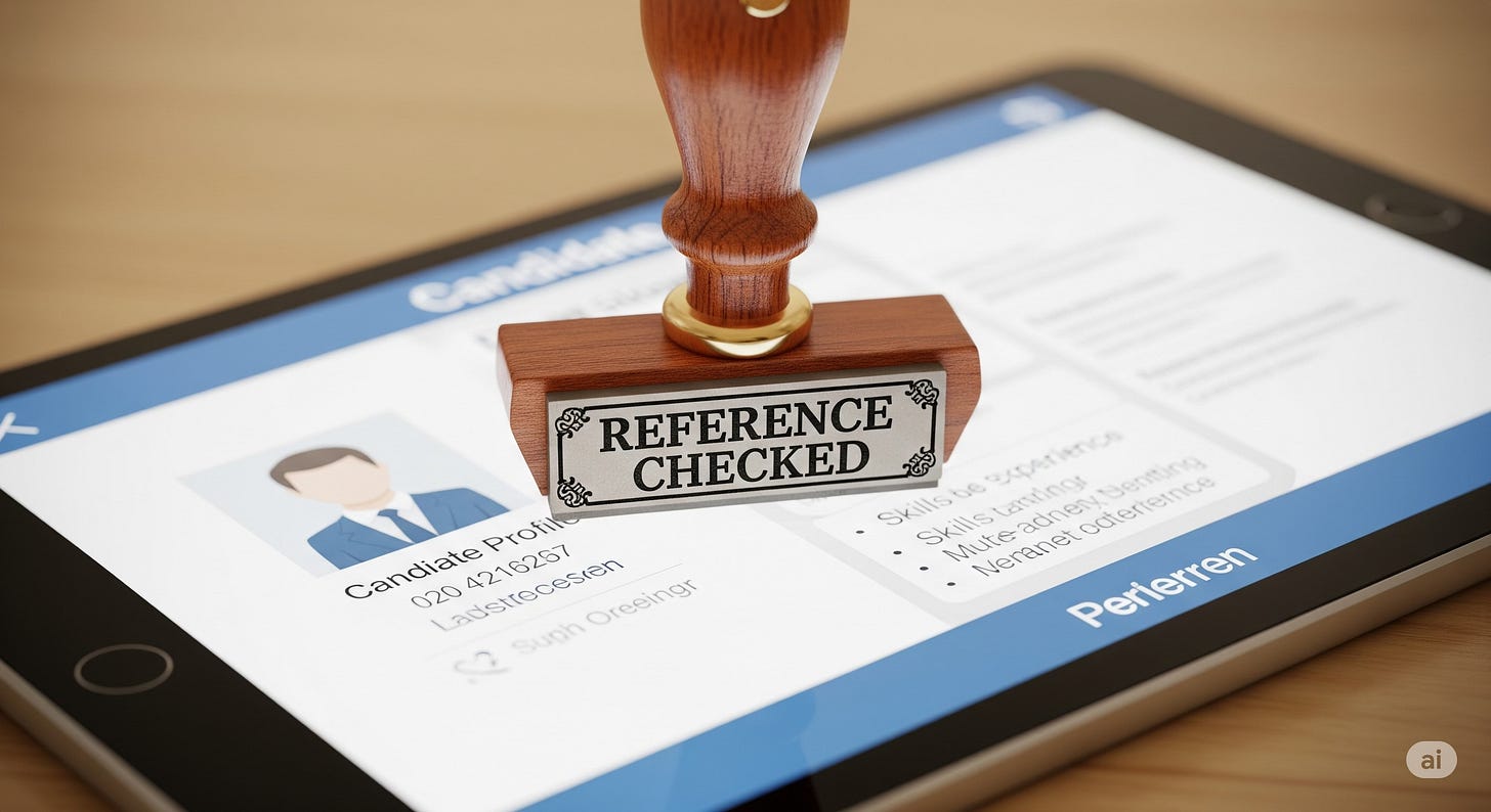 An old-fashioned wooden rubber stamp with the words "REFERENCE CHECKED" is being pressed onto the screen of a modern tablet, which displays a candidate's professional profile. An old-fashioned wooden rubber stamp with the words "REFERENCE CHECKED" is being pressed onto the screen of a modern tablet, which displays a candidate's professional profile.