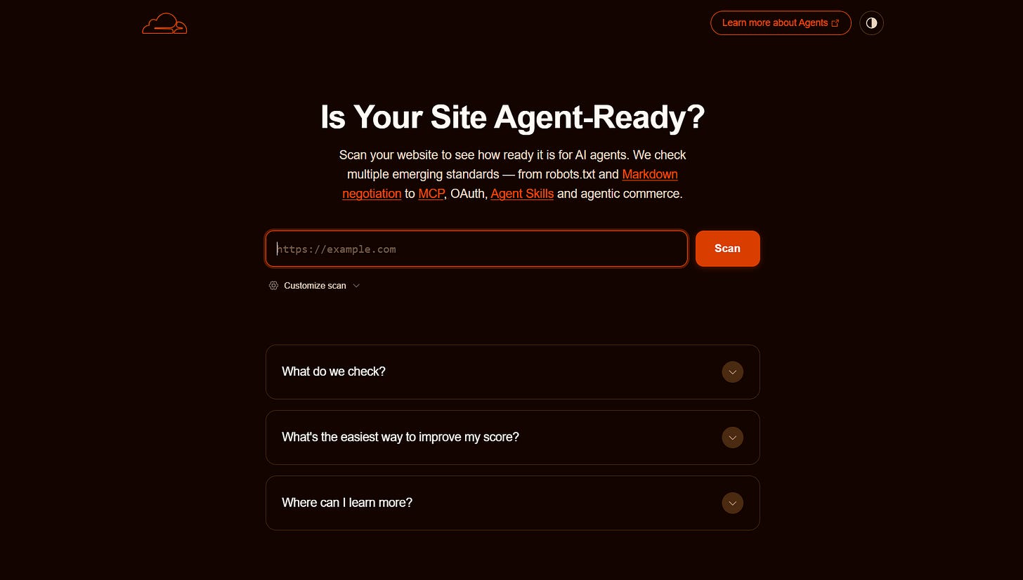 Snímek obrazovky nástroje Is It Agent Ready.