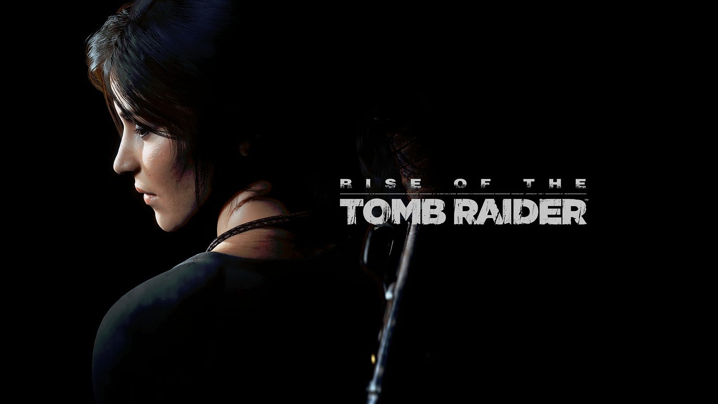 Still image of Lara Croft in a dark side shot, with the text Rise of the Tomb Raider
