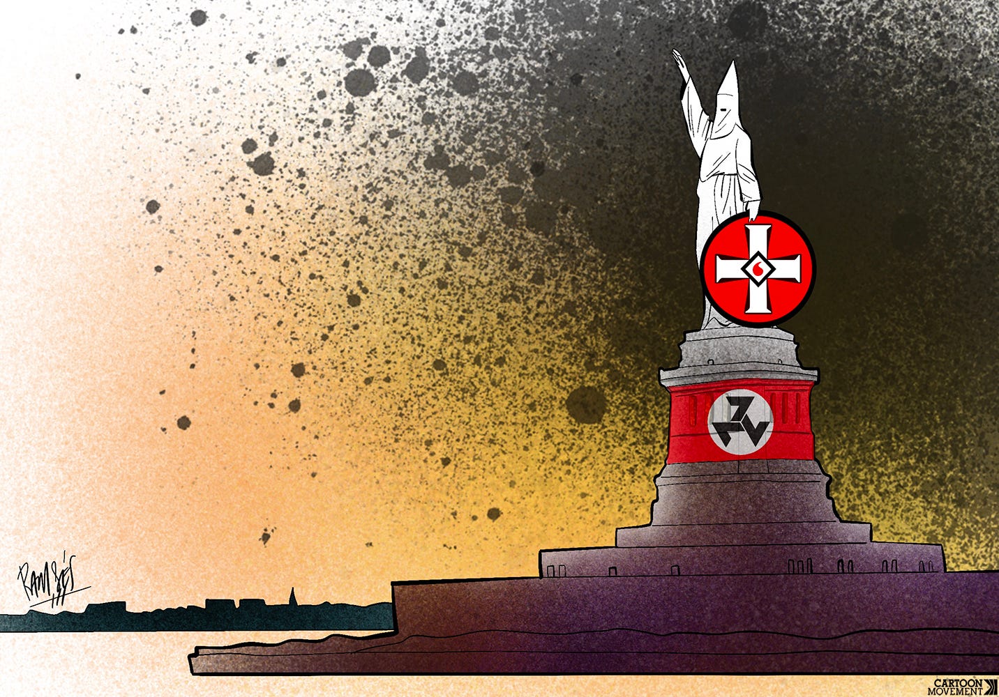 Cartoon showing the statue of liberty in a white KKK robe and hood, giving a Hitler salute.