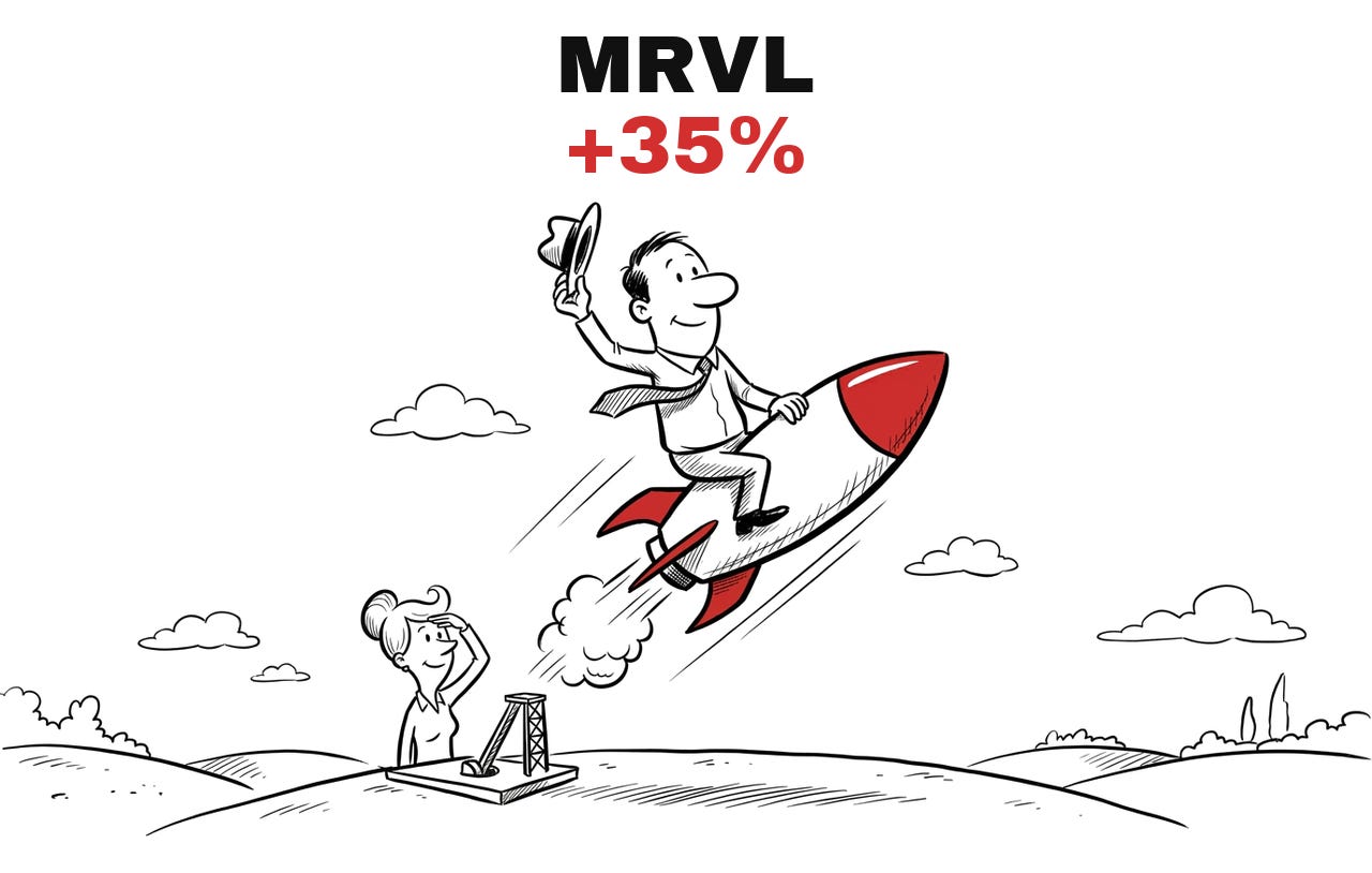 Trade Exit MRVL, +35%. Hand-drawn cartoon: the man rides a rocket upward and waves his hat, the woman watches from below. Trade Exit MRVL, +35%. Hand-drawn cartoon: the man rides a rocket upward and waves his hat, the woman watches from below.