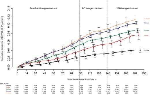 Cumulative incidence of coronavirus disease 2019 (COVID-19) for study participants stratified by the number of COVID-19 vaccine doses previously received. Day 0 was 12 September 2022, the date the bivalent vaccine was first offered to employees. Point estimates and 95% confidence intervals are jittered along the x-axis to improve visibility. Cumulative incidence of coronavirus disease 2019 (COVID-19) for study participants stratified by the number of COVID-19 vaccine doses previously received. Day 0 was 12 September 2022, the date the bivalent vaccine was first offered to employees. Point estimates and 95% confidence intervals are jittered along the x-axis to improve visibility.