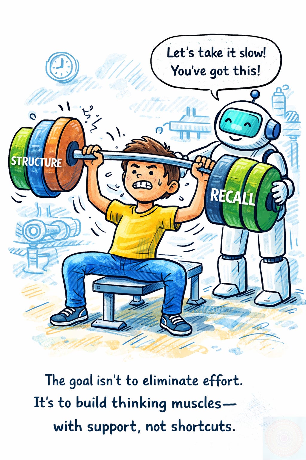 Cartoon of a student lifting cognitive weights labeled ‘Structure,’ ‘Recall,’ and ‘Logic,’ with a robot acting as a supportive spotter—not lifting for them.
