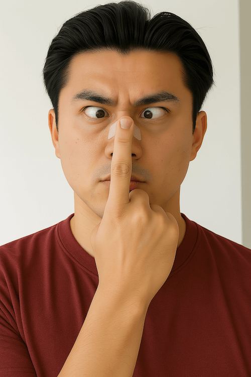 Person holding pencil at arm's length demonstrating convergence exercise by slowly moving pencil toward nose while maintaining focus