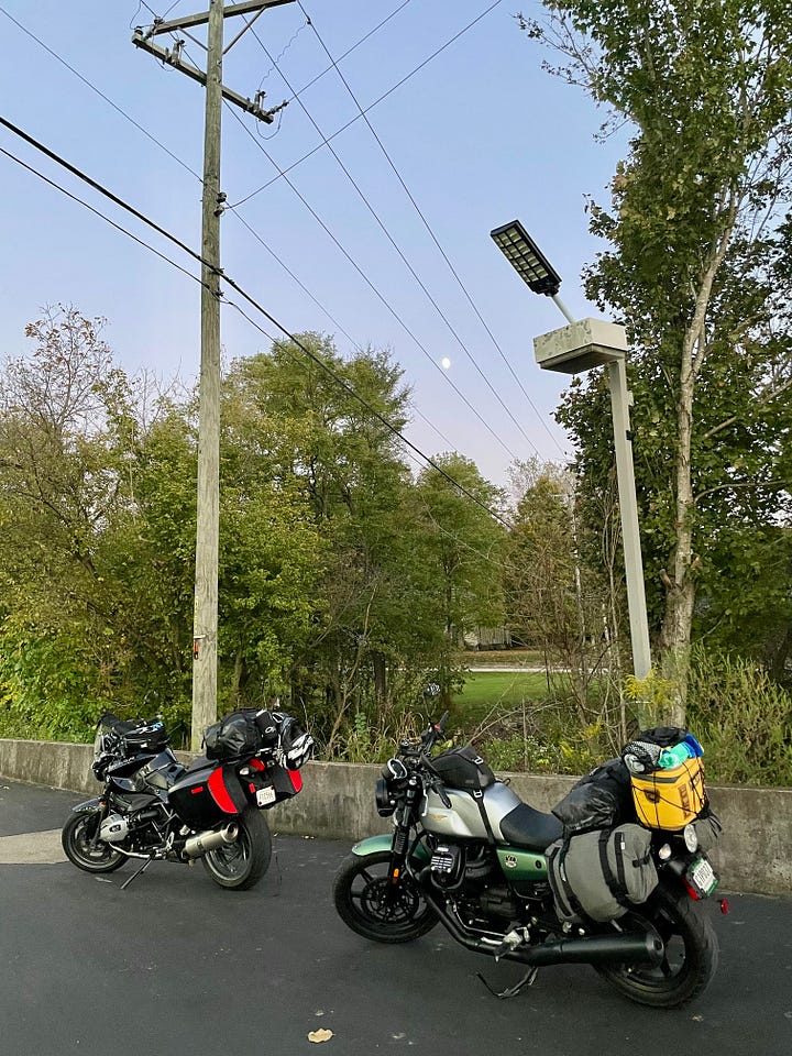 two bikes pulled over with a dusky sky backdrop and hazy moon; Jessica standing in front of her loaded motorcycle, a Guest check for $16, plates of Latin food like tamales, rice, empanadas, short ribs