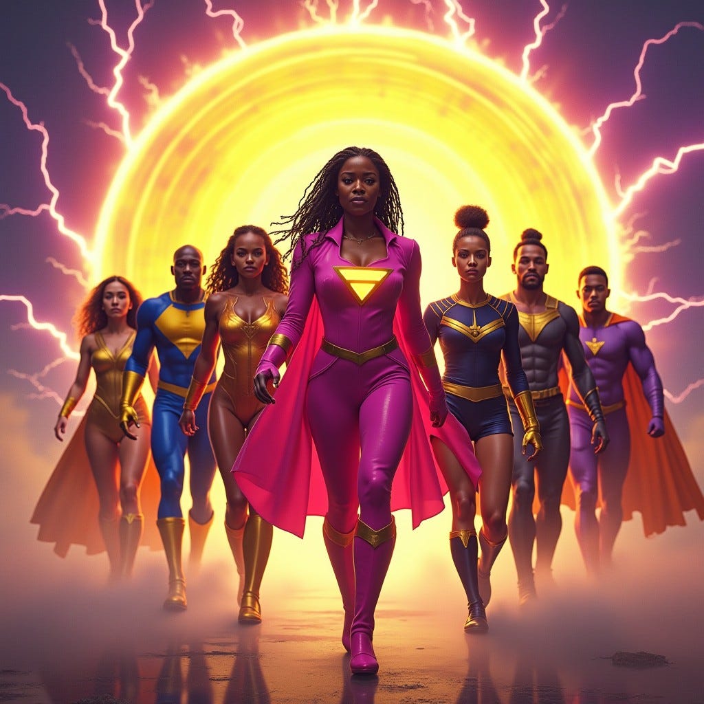 A high-resolution, photorealistic digital painting captured in the style of a Canon EOS R5 with an 85mm lens. Depict a team of diverse superheroes emerging from a glowing, swirling portal of bright yellow, hot pink, and electric purple. The scene is set against a cosmic background with lightning crackling through the atmosphere. The leader is a powerful African American woman with long locs, wearing a vibrant hot pink and golden yellow suit. Each of the other heroes—Black, Hispanic, Asian, and White men and women—has a unique costume design with individualized colors and styles (some wearing royal blue, black/gold, orange, purple, etc.). They are posed in dynamic, action-ready stances, exuding strength, unity, and purpose as they step into the scene.

Specifications:

Style: Hyper-realistic + comic book fusion

Mood: Empowering, cinematic, forward motion

Composition: Vertical, 8:9 aspect ratio, max resolution 1920x2160px

Lighting: Dramatic with glowing portal light and rim lighting on characters