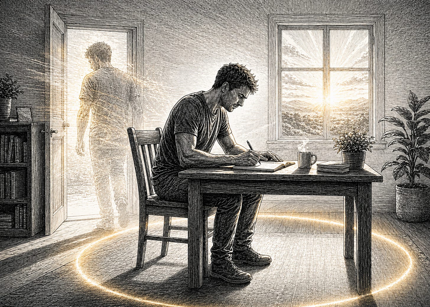 A writer studies at a bright desk as a faint standing double at the doorway dissolves into light.