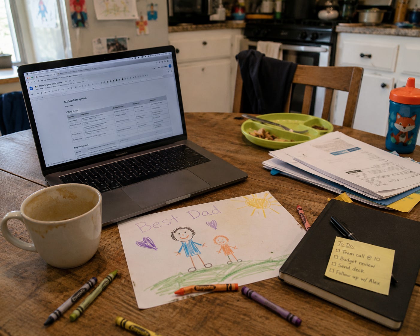 Real-life dad workspace at home with laptop and kids’ drawings on the kitchen table Real-life dad workspace at home with laptop and kids’ drawings on the kitchen table
